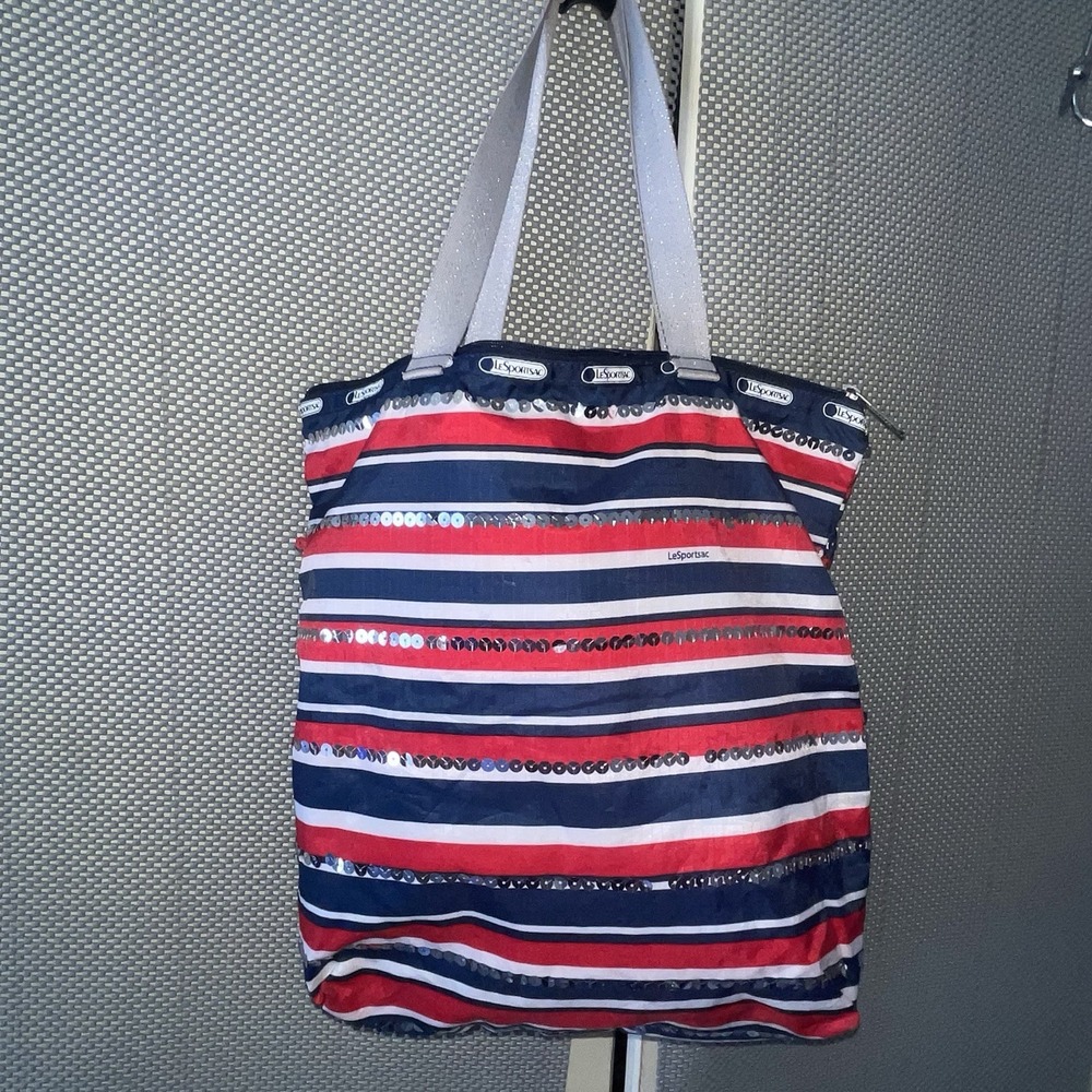 LeSportsac Ziptop Shopper/Tote in "Starboard" Red,White,Blue Stripes/Sequins